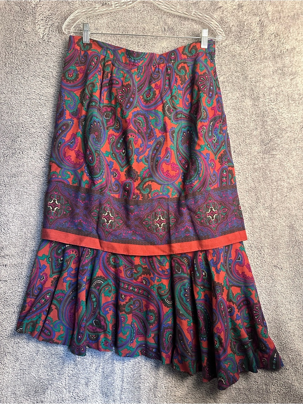 Vintage handmade Paisley Tiered Maxi Skirt in Red Multi
